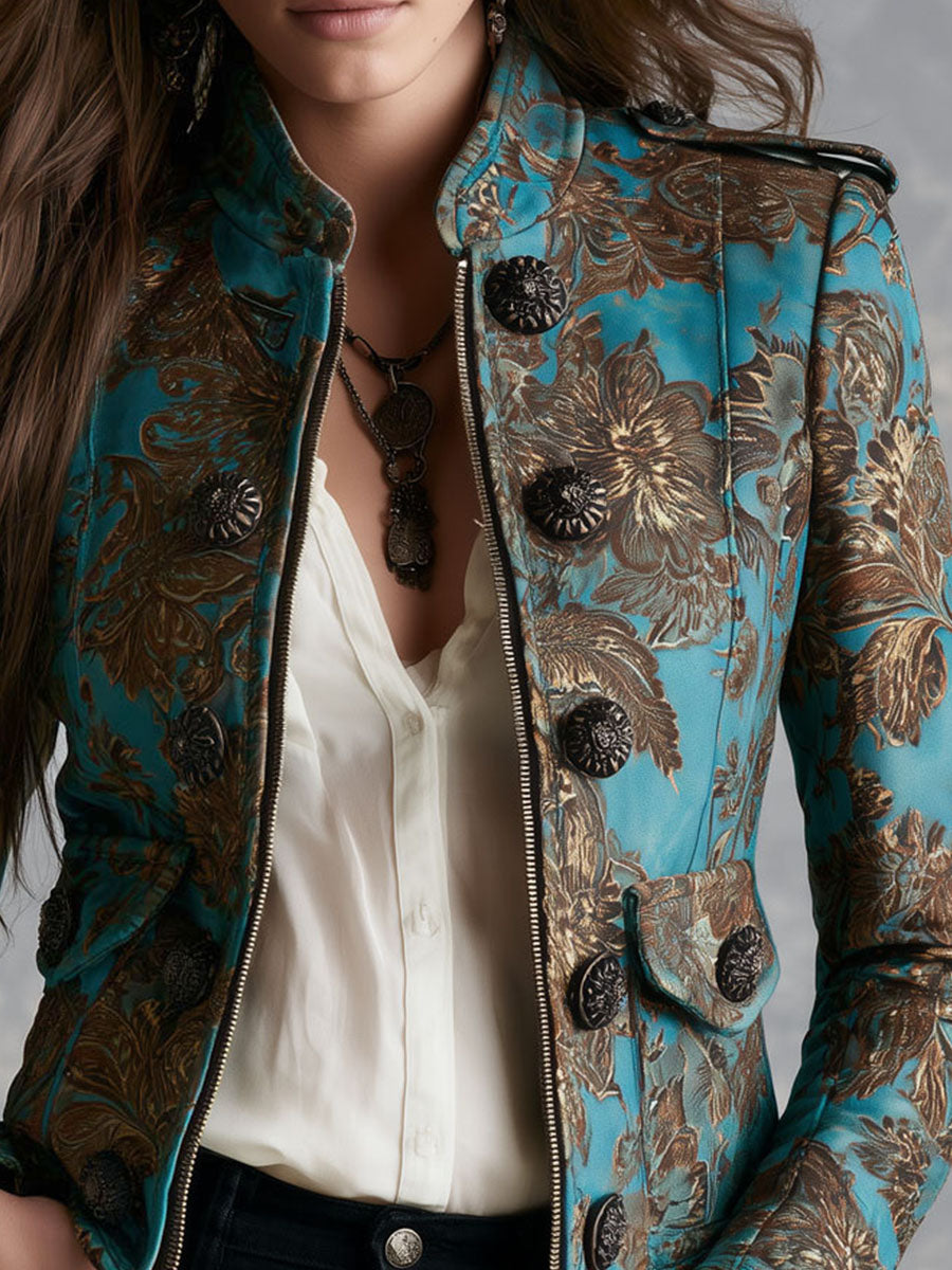 Retro Teal Floral Print Fitted Zip Front Jacket With Decorative Buttons