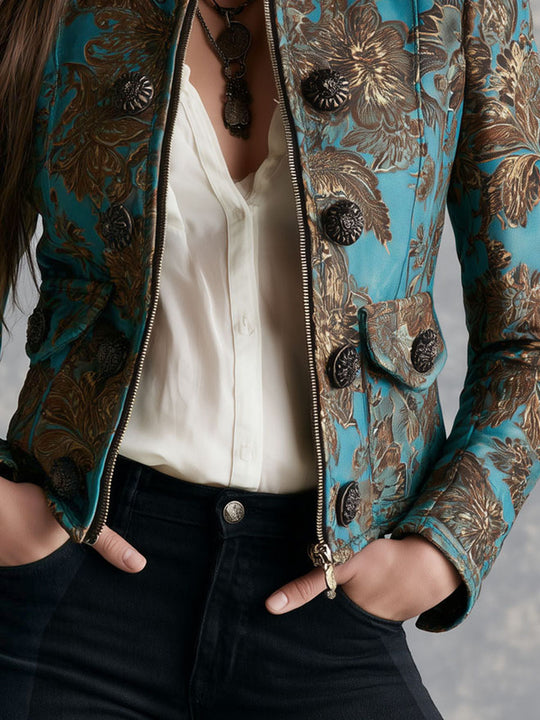 Retro Teal Floral Print Fitted Zip Front Jacket With Decorative Buttons