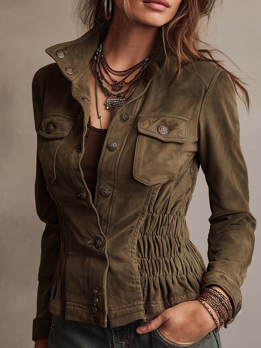 Women's Cinched Waist Detail Olive Military Style Eco-friendly Suede Jacket