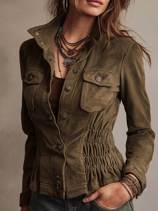Women's Cinched Waist Detail Olive Military Style Eco-friendly Suede Jacket