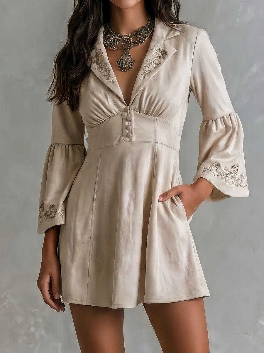 Retro Boho Lapel Oatmeal Embroidered Mini Dress With Flare Sleeve