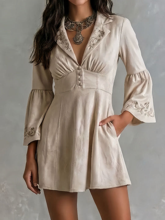Retro Boho Lapel Oatmeal Embroidered Mini Dress With Flare Sleeve