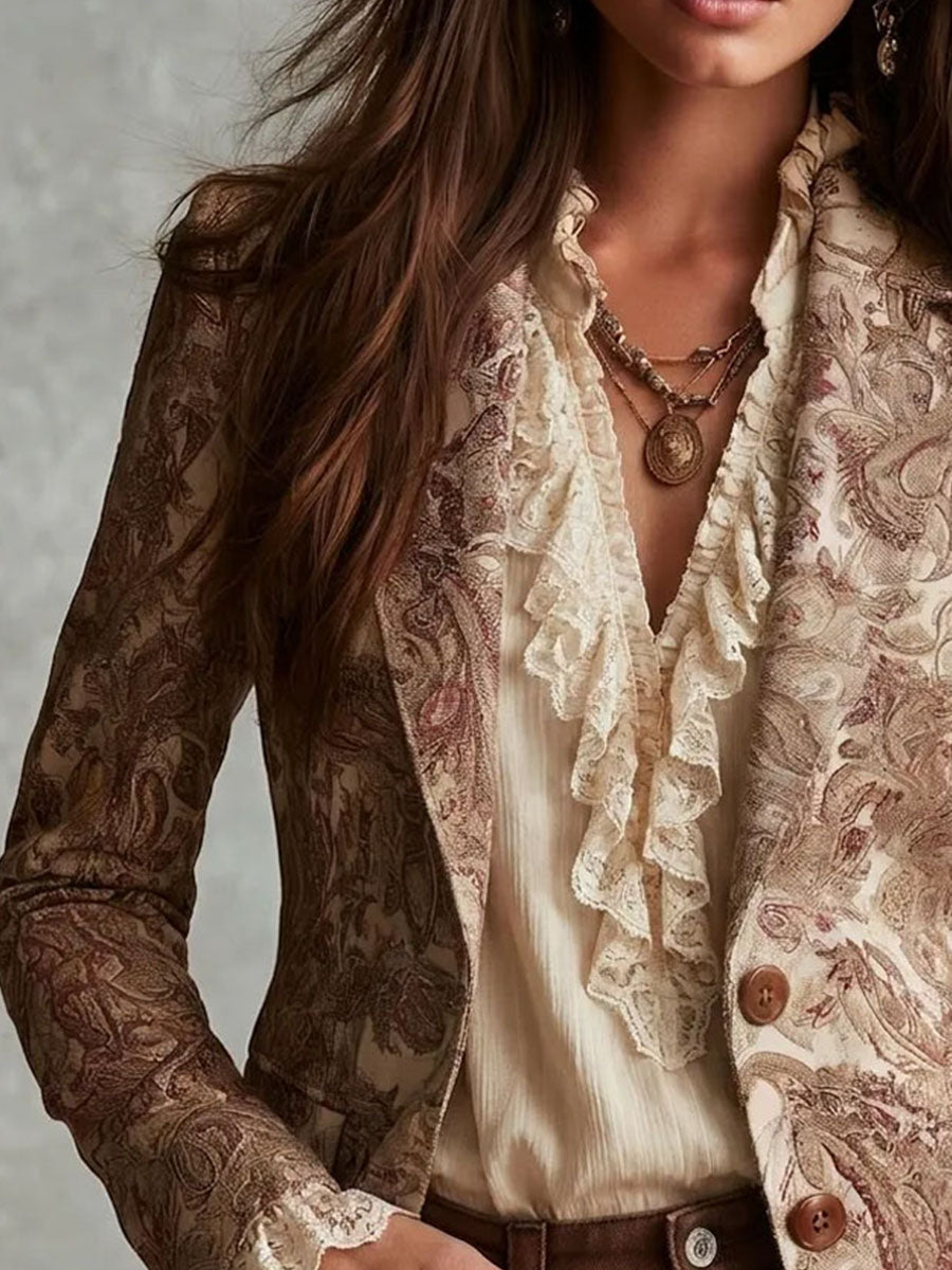 Boho Floral Paisley Print Fitted Lapel Blazer Jacket