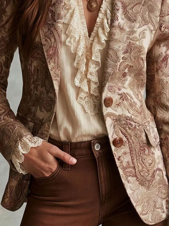 Boho Floral Paisley Print Fitted Lapel Blazer Jacket