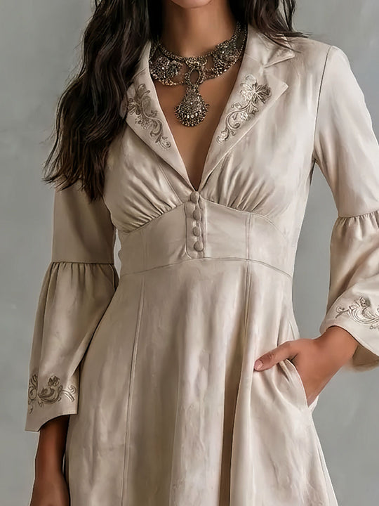 Retro Boho Lapel Oatmeal Embroidered Mini Dress With Flare Sleeve