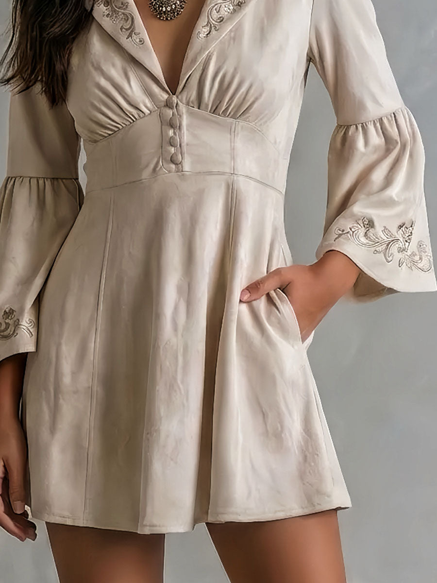 Retro Boho Lapel Oatmeal Embroidered Mini Dress With Flare Sleeve
