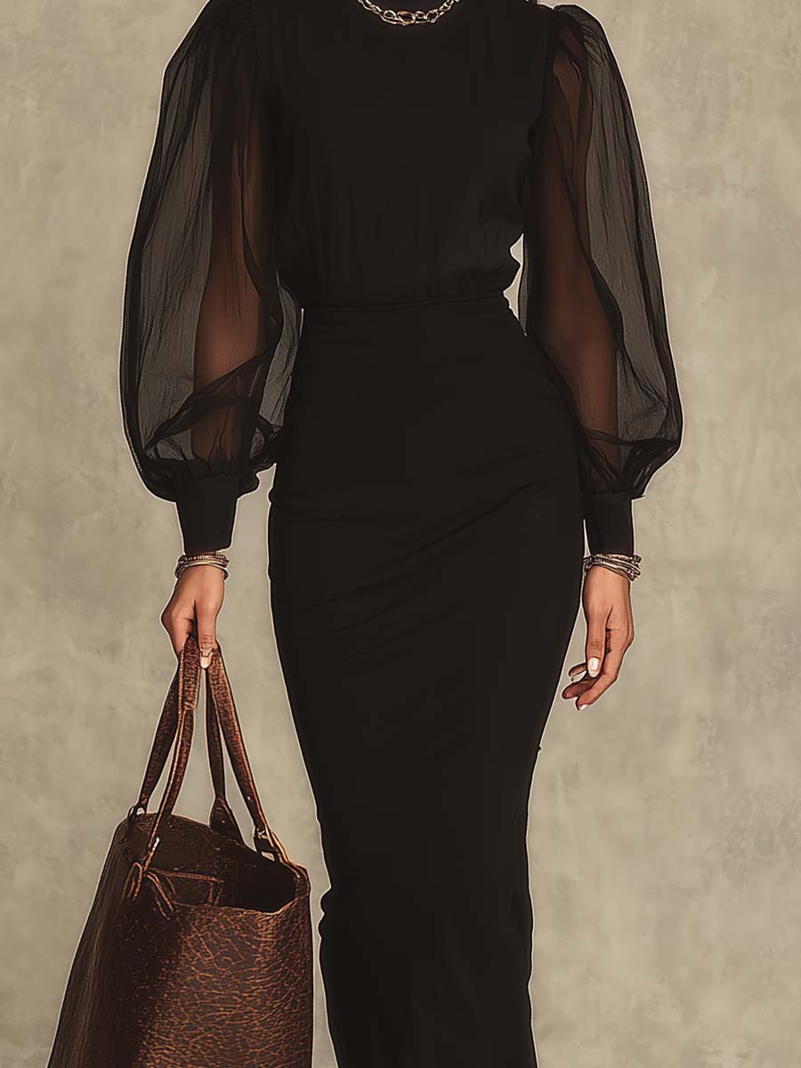 Black High Neck Sheer Organza Balloon Sleeve Stretch Knit Maxi Bodycon Dress