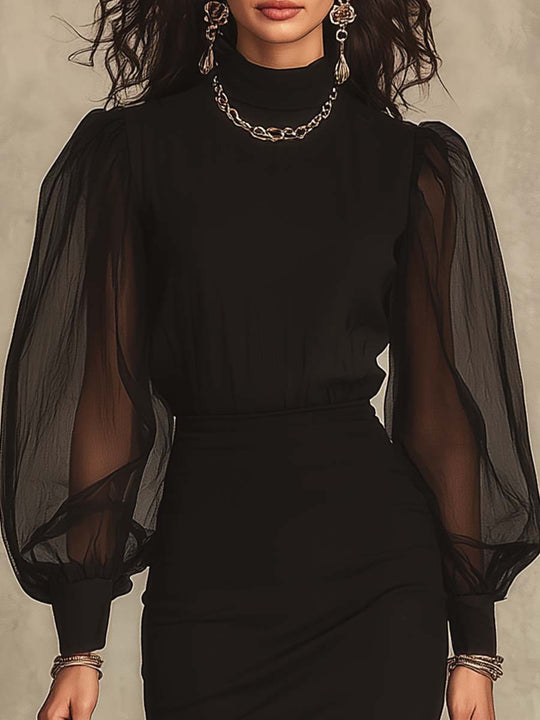 Black High Neck Sheer Organza Balloon Sleeve Stretch Knit Maxi Bodycon Dress