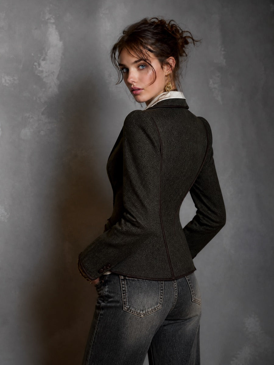 Vintage Tailored Herringbone Blazer with Contrast Lapels