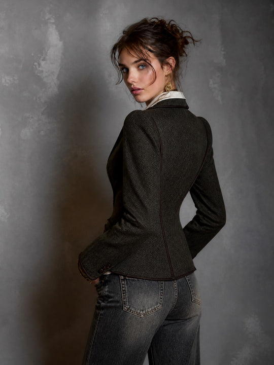 Vintage Tailored Herringbone Blazer with Contrast Lapels
