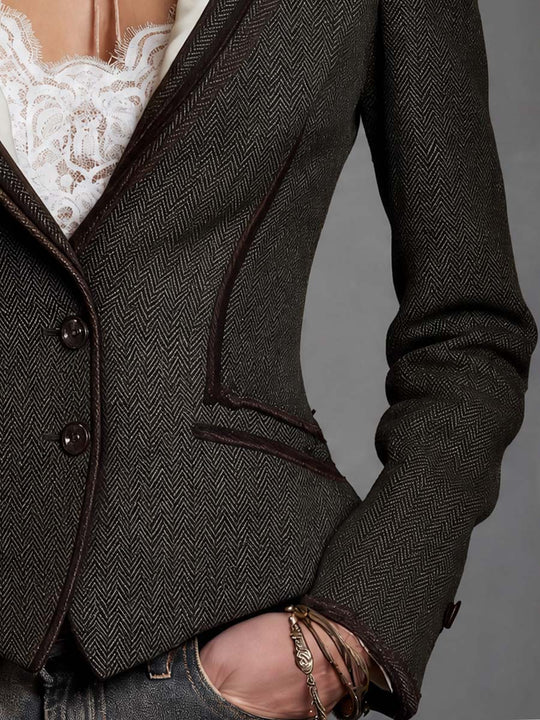 Vintage Tailored Herringbone Blazer with Contrast Lapels