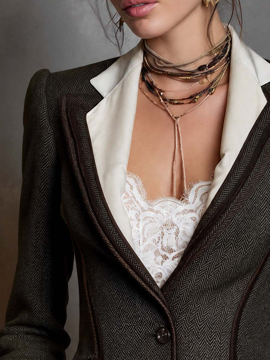 Vintage Tailored Herringbone Blazer with Contrast Lapels