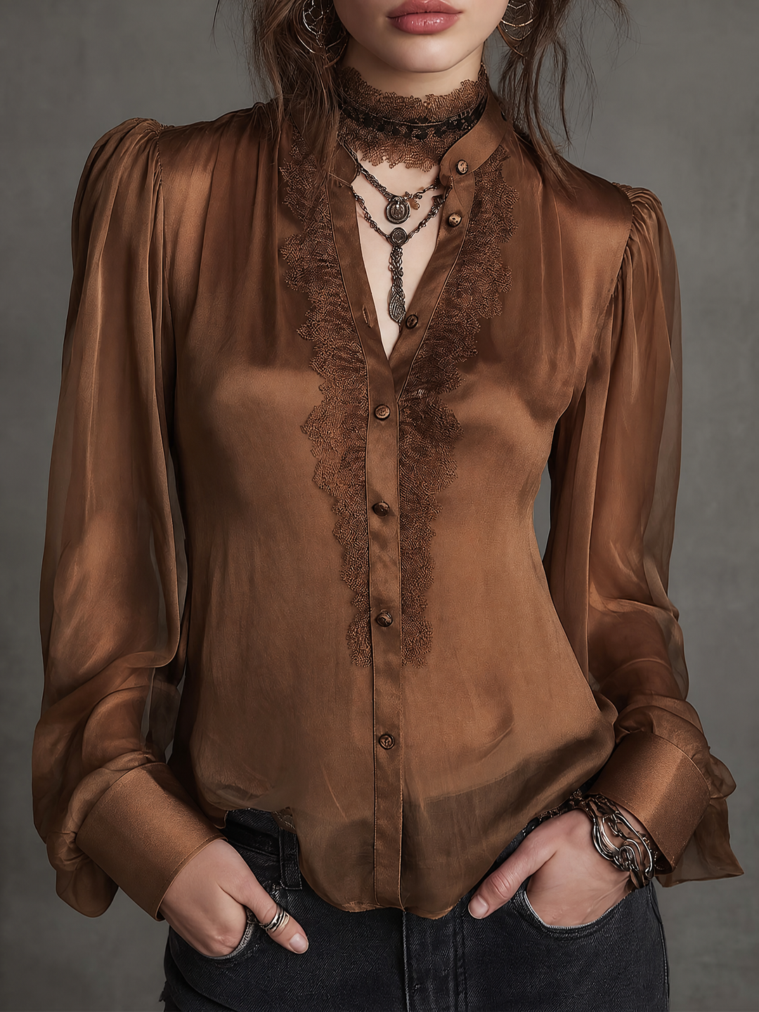 Vintage Brown Sheer Lace-Trim Button-Up Blouse with Puff Sleeves
