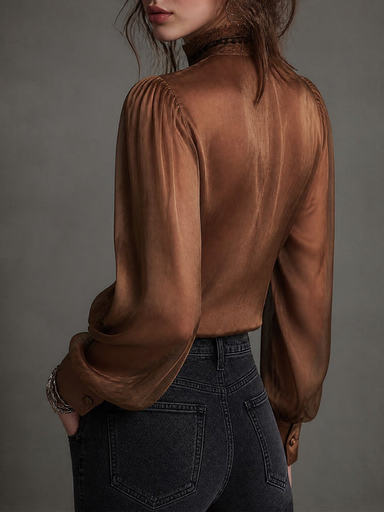 Vintage Brown Sheer Lace-Trim Button-Up Blouse with Puff Sleeves