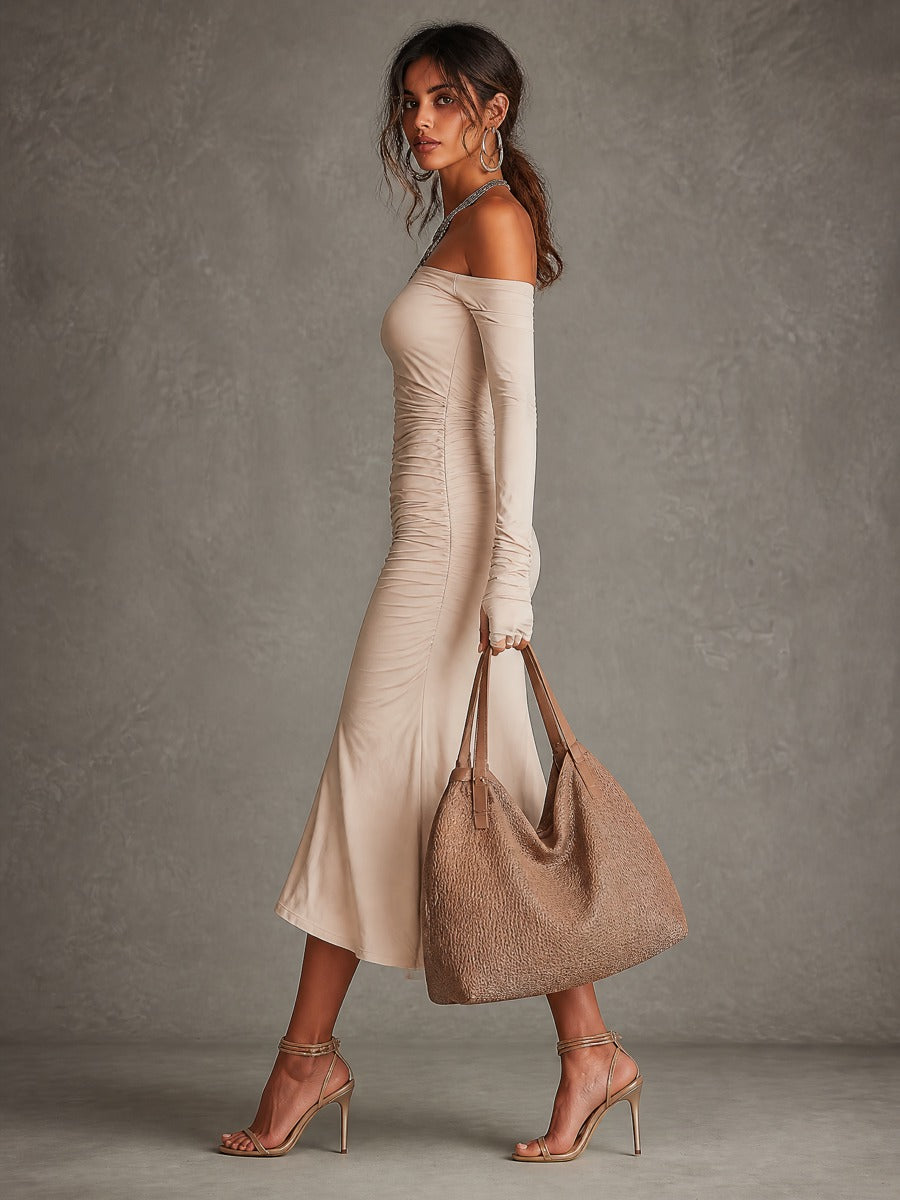 Elegant Stretch knit Ruched Off-Shoulder Long Sleeve Midi Dress