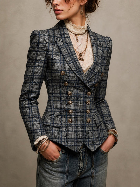 Vintage Tweed Plaid Double-Breasted Tailored Blazer