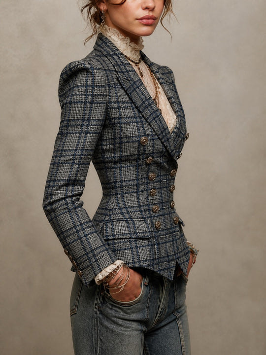 Vintage Tweed Plaid Double-Breasted Tailored Blazer