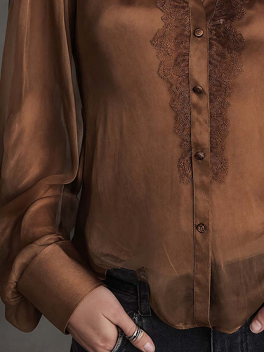 Vintage Brown Sheer Lace-Trim Button-Up Blouse with Puff Sleeves