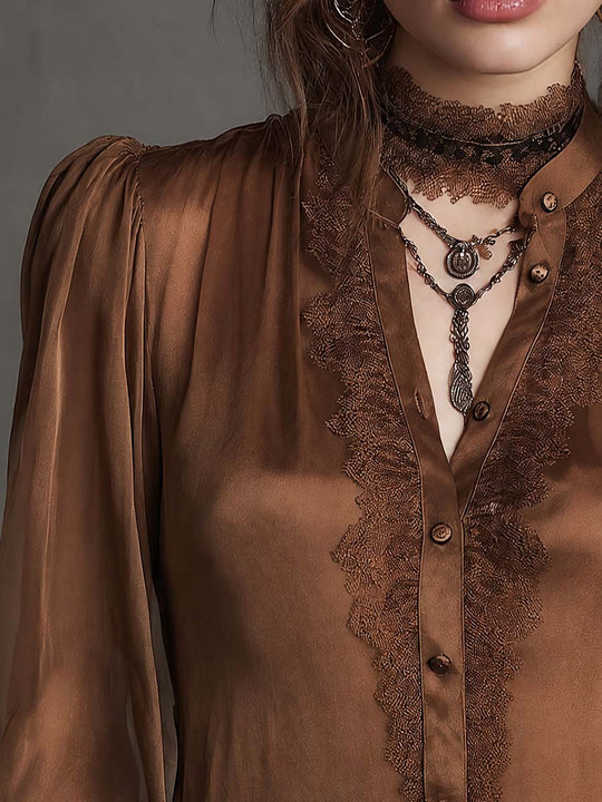 Vintage Brown Sheer Lace-Trim Button-Up Blouse with Puff Sleeves