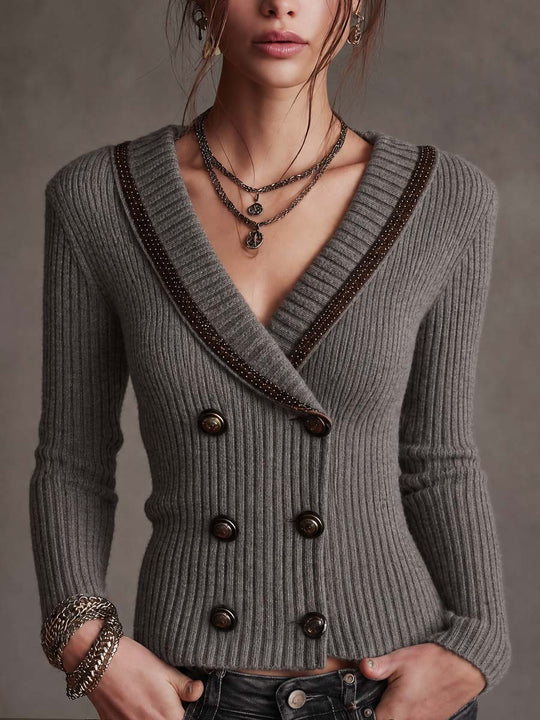 Vintage Ribbed Knit Double-Breasted Cardigan with Studded Shawl Collar