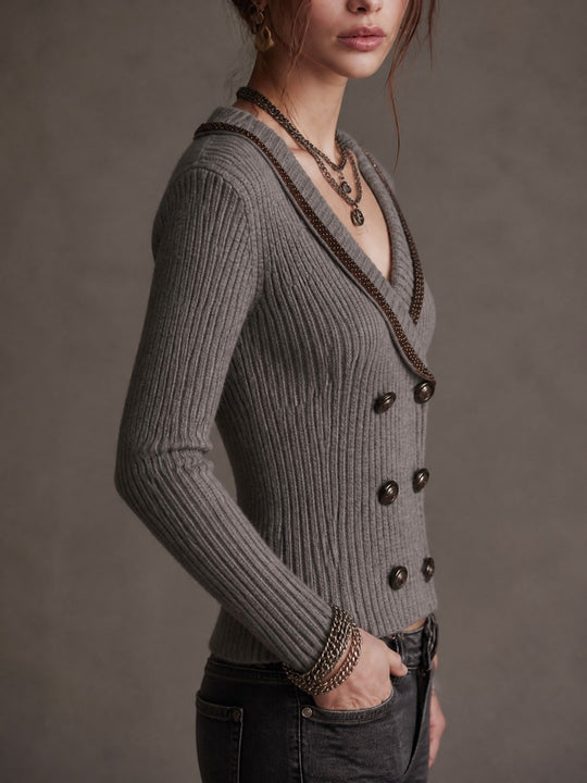 Vintage Ribbed Knit Double-Breasted Cardigan with Studded Shawl Collar
