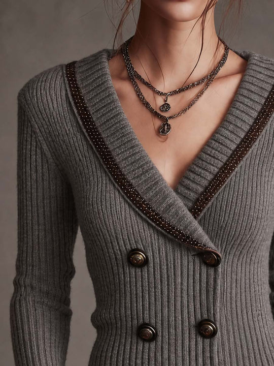 Vintage Ribbed Knit Double-Breasted Cardigan with Studded Shawl Collar