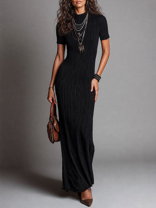 Elegant Mock Neck Knit Short Sleeve Maxi Dress