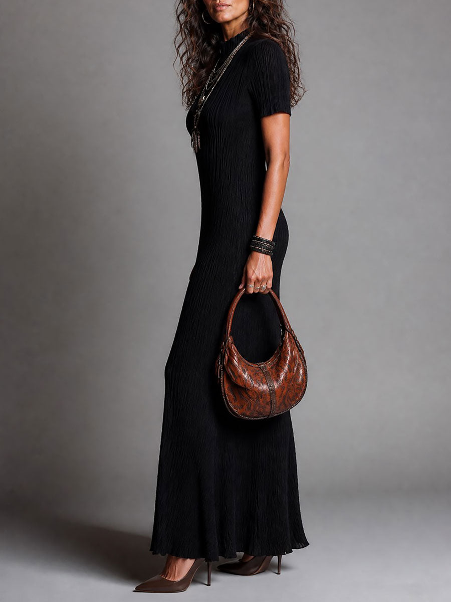 Elegant Mock Neck Knit Short Sleeve Maxi Dress