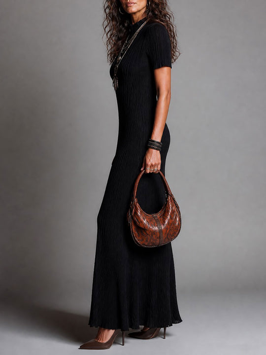 Elegant Mock Neck Knit Short Sleeve Maxi Dress