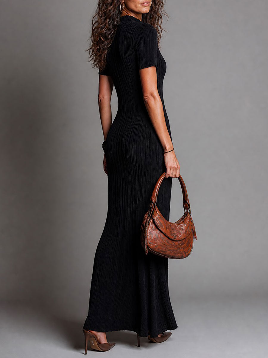 Elegant Mock Neck Knit Short Sleeve Maxi Dress