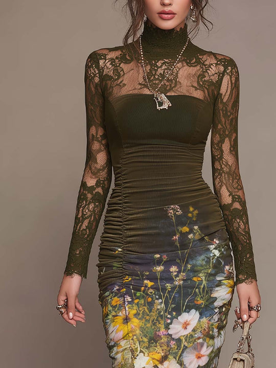 Oil Painting-style Floral Printed Polyester Velvet Midi Dress