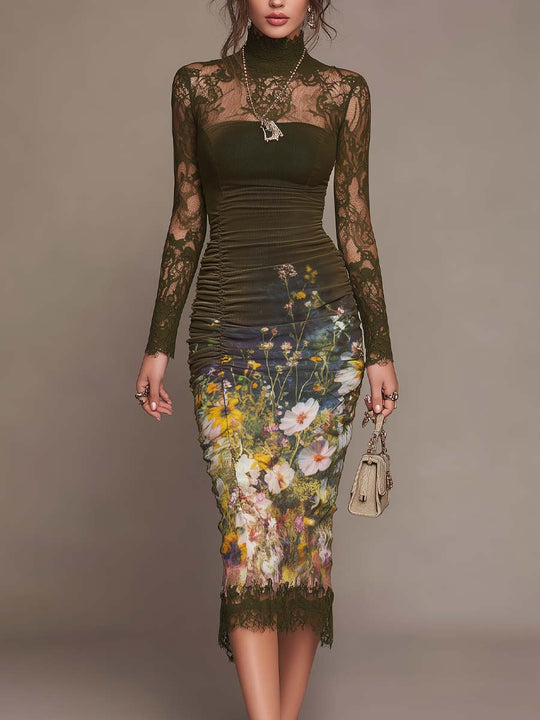 Oil Painting-style Floral Printed Polyester Velvet Midi Dress