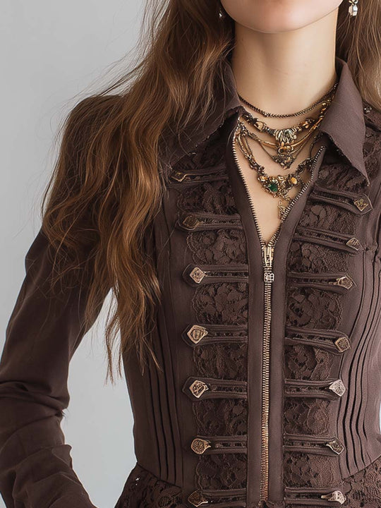 Military Style Lace Panels Jacket