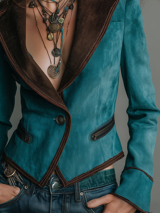 Retro Lapel Zipper Detailing Slim-fit Blazer With Single-button