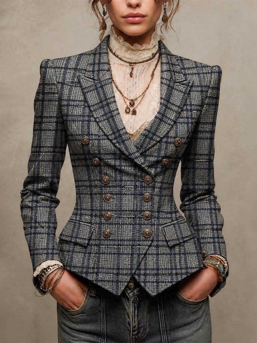 Vintage Tweed Plaid Double-Breasted Tailored Blazer