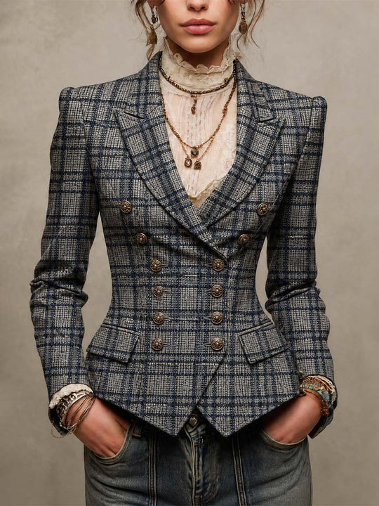 Vintage Tweed Plaid Double-Breasted Tailored Blazer
