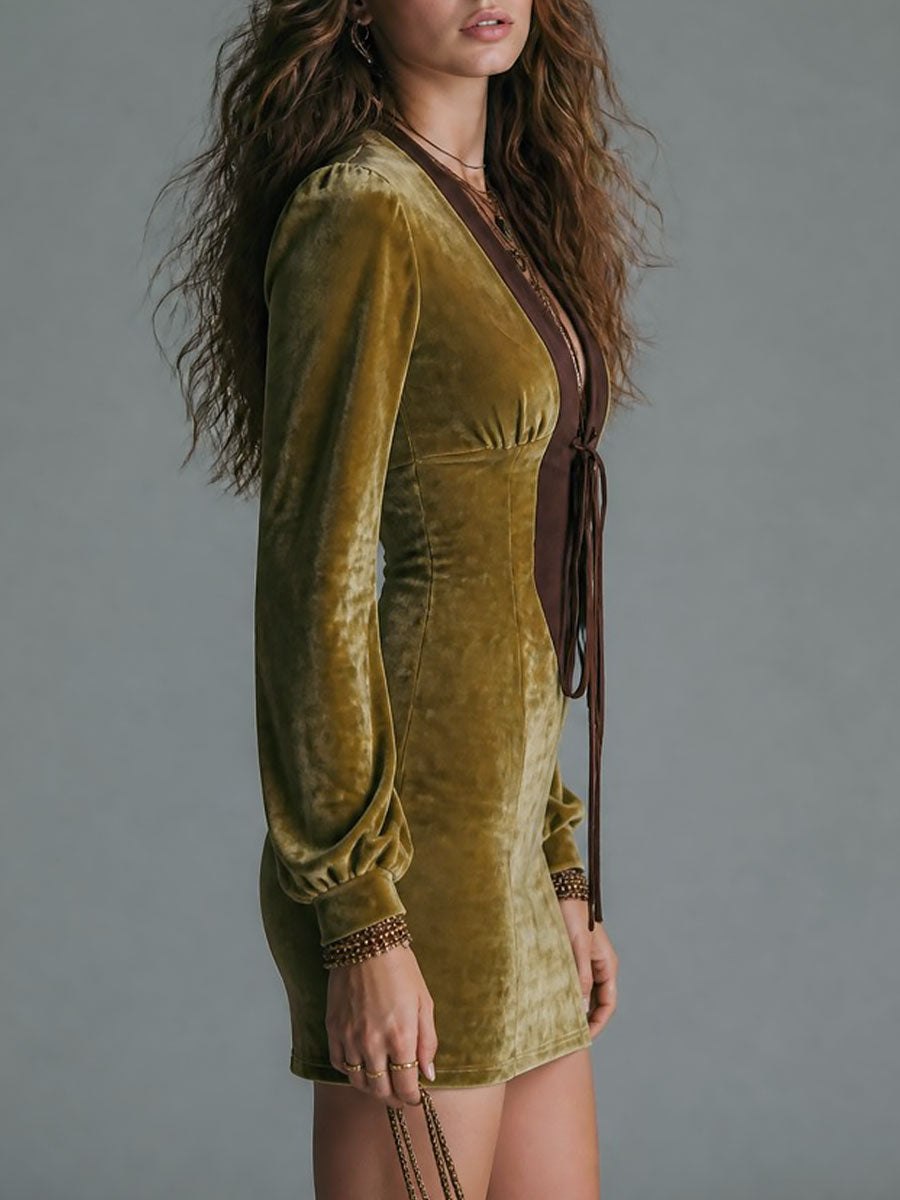 Vintage Olive Velvet Deep V-Neck Tie-Front Mini Dress