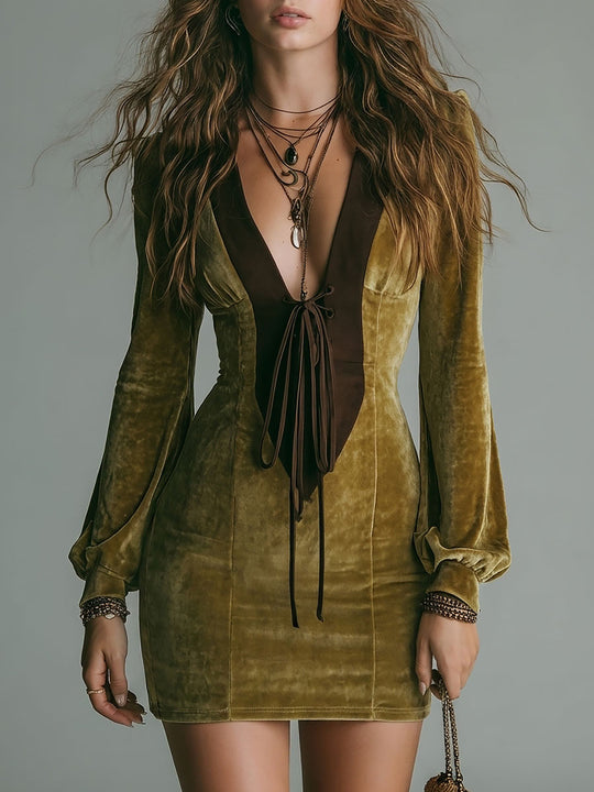 Vintage Olive Velvet Deep V-Neck Tie-Front Mini Dress