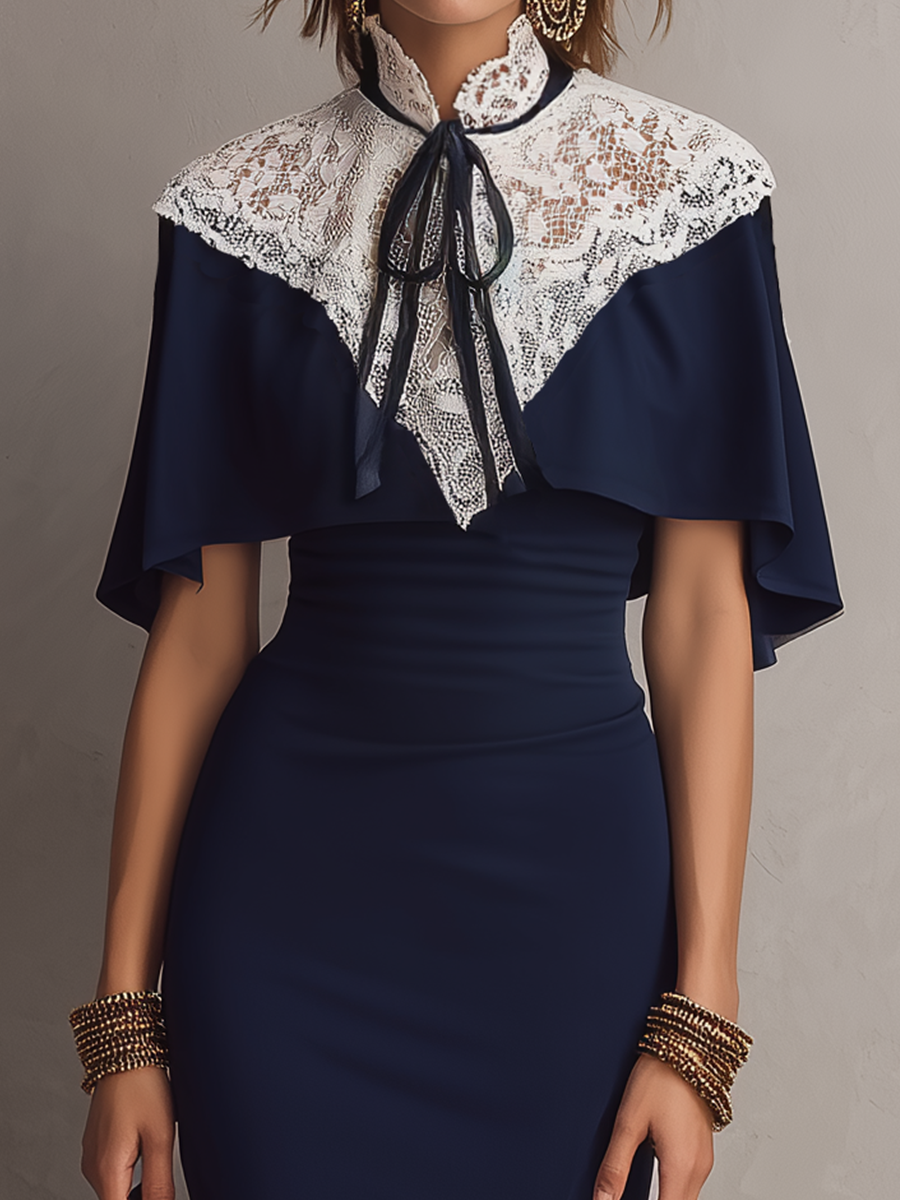Elegant Navy Lace Cape Midi Dress