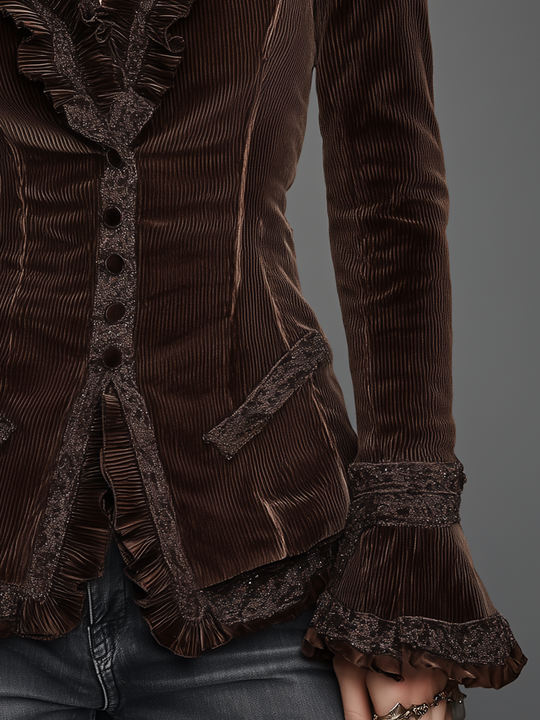 Vintage Chocolate Brown Ruffle Trim Velvet Blazer