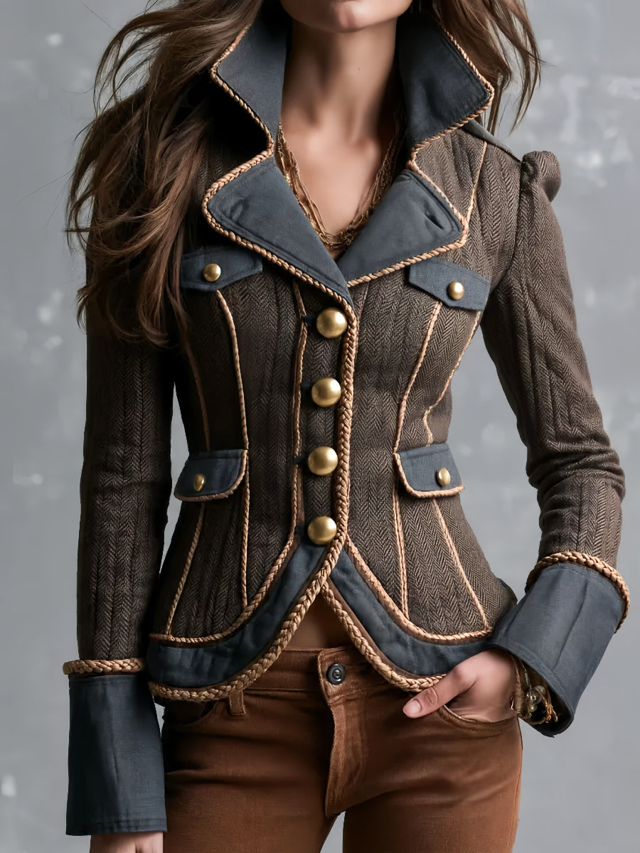Vintage Gold Button Wool Blend Jacket With Braided Trim