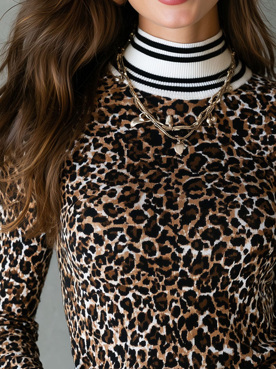 Retro Animal Pattern Knit Shirt Mock Neck Striped Trim Slim Fit Sweater