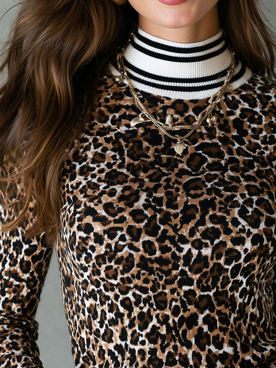 Retro Animal Pattern Knit Shirt Mock Neck Striped Trim Slim Fit Sweater