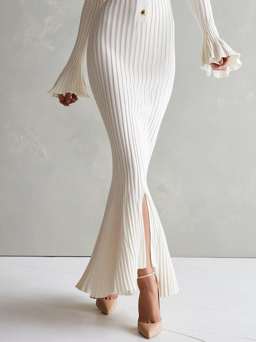 Quiet Luxury Polo Neck Knit Mermaid Gold Buttons Maxi Dress