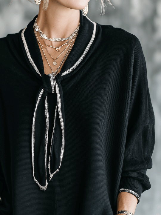 French Knit Draped-Fit Classic Black Contrast Piping Tie-Neck Blouse
