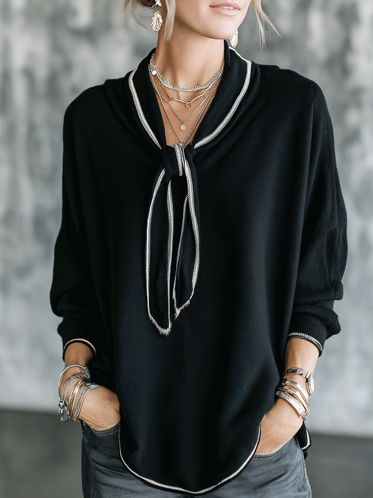 French Knit Draped-Fit Classic Black Contrast Piping Tie-Neck Blouse
