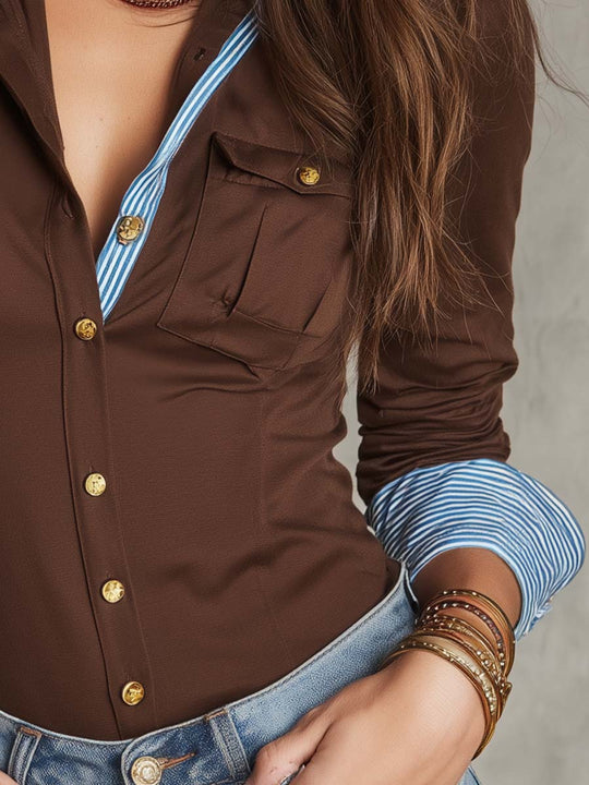 Vintage Brown Fitted Knit Shirt Contrast Striped Collar Cuff Gold Button Blouse