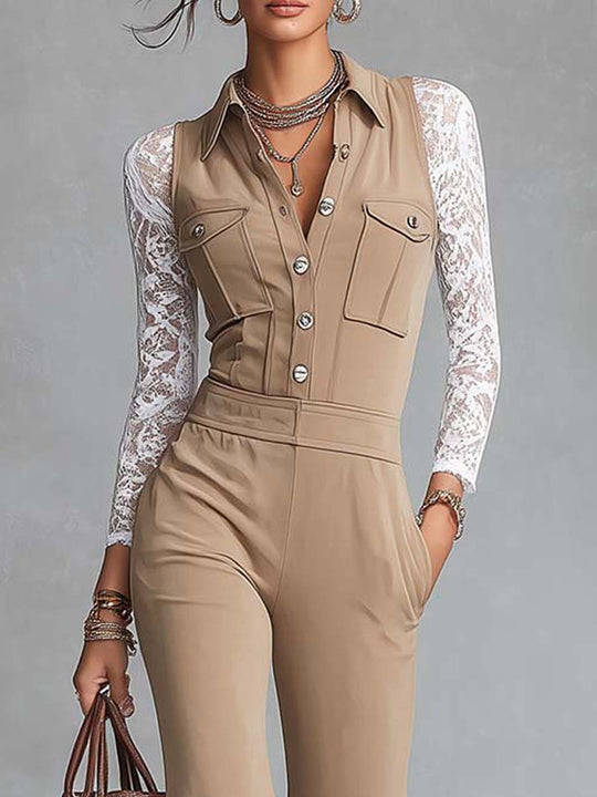 Retro Stretch Knit Faux Two-piece Pocket Detail Utility Khaki Jumpsuit