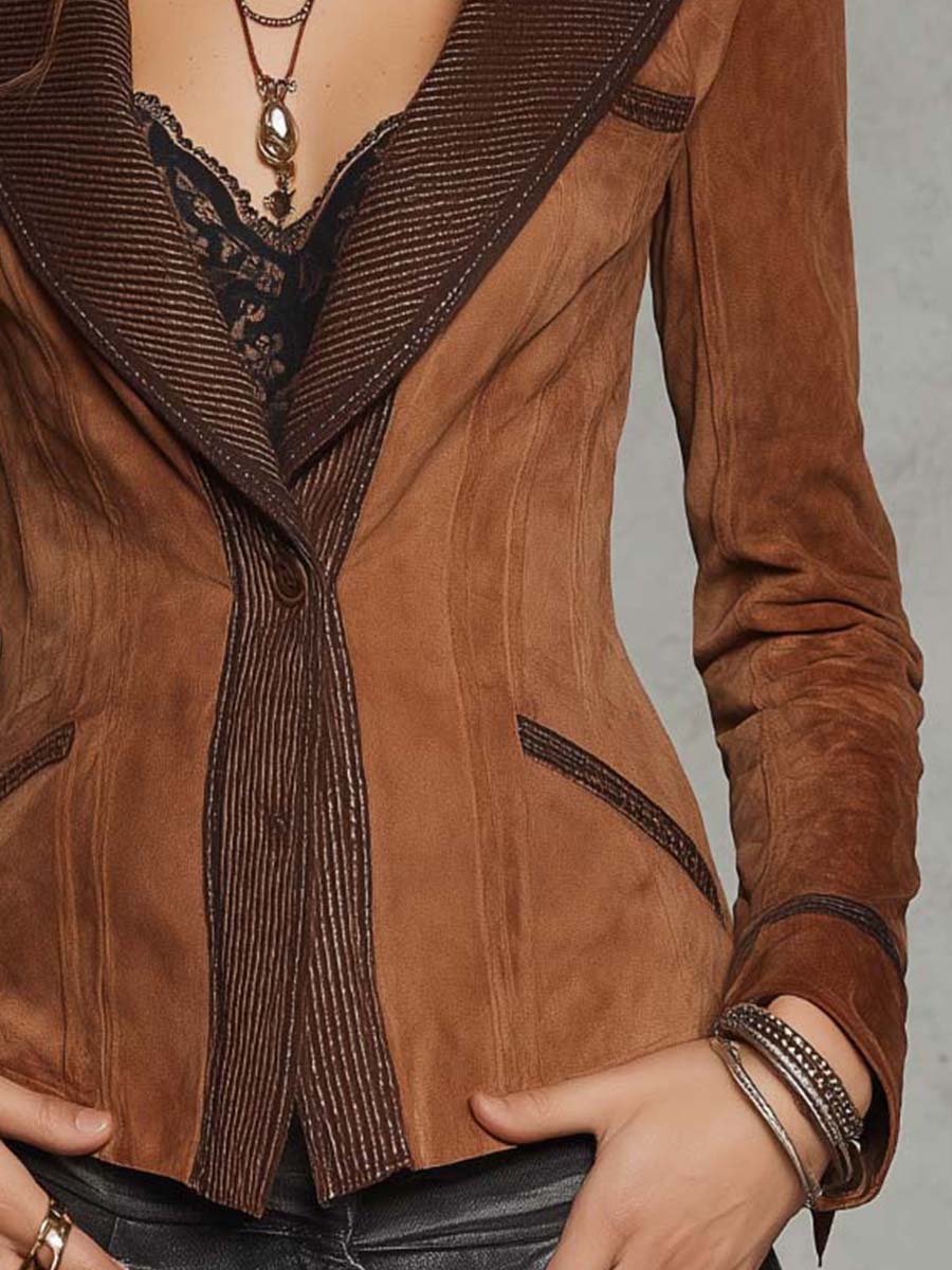 Vintage Western Tan Faux Suede Fitted Waist Ribbed Contrast Trim Lapel Blazer Jacket