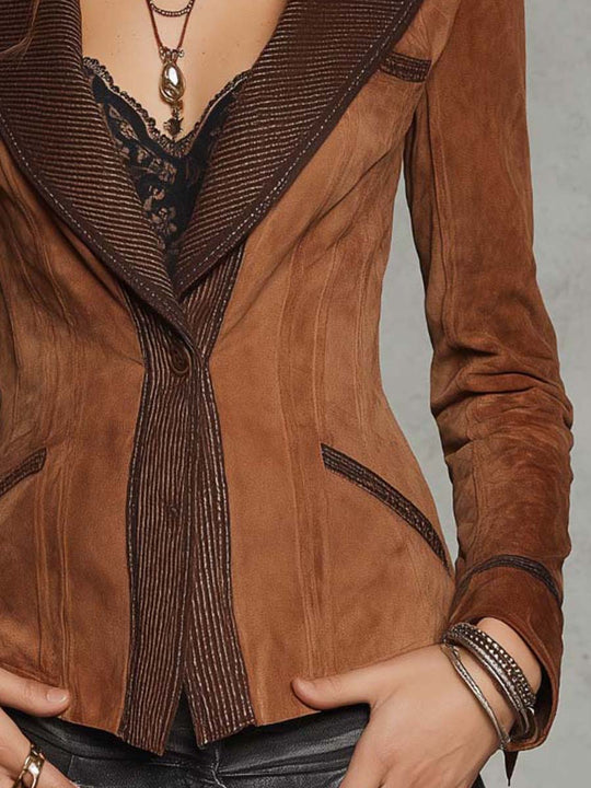 Vintage Western Tan Faux Suede Fitted Waist Ribbed Contrast Trim Lapel Blazer Jacket